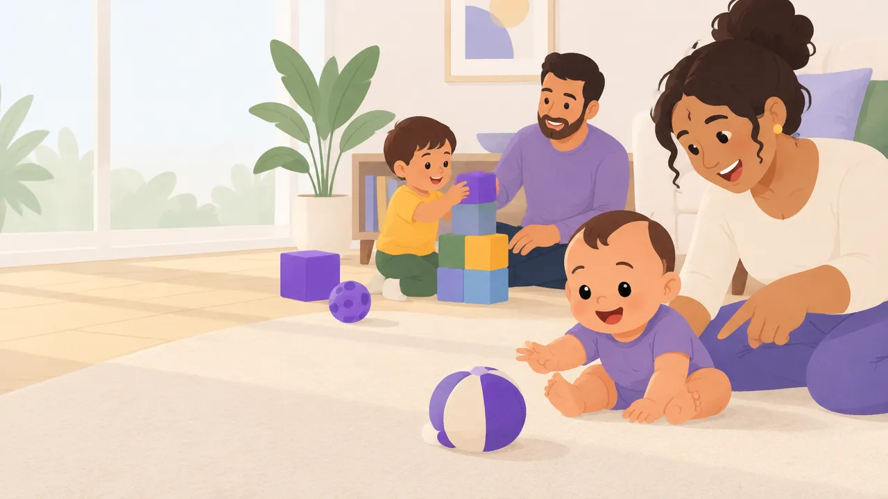 Bebê brincando no chão com um cuidador enquanto uma criança pequena empilha blocos ao fundo