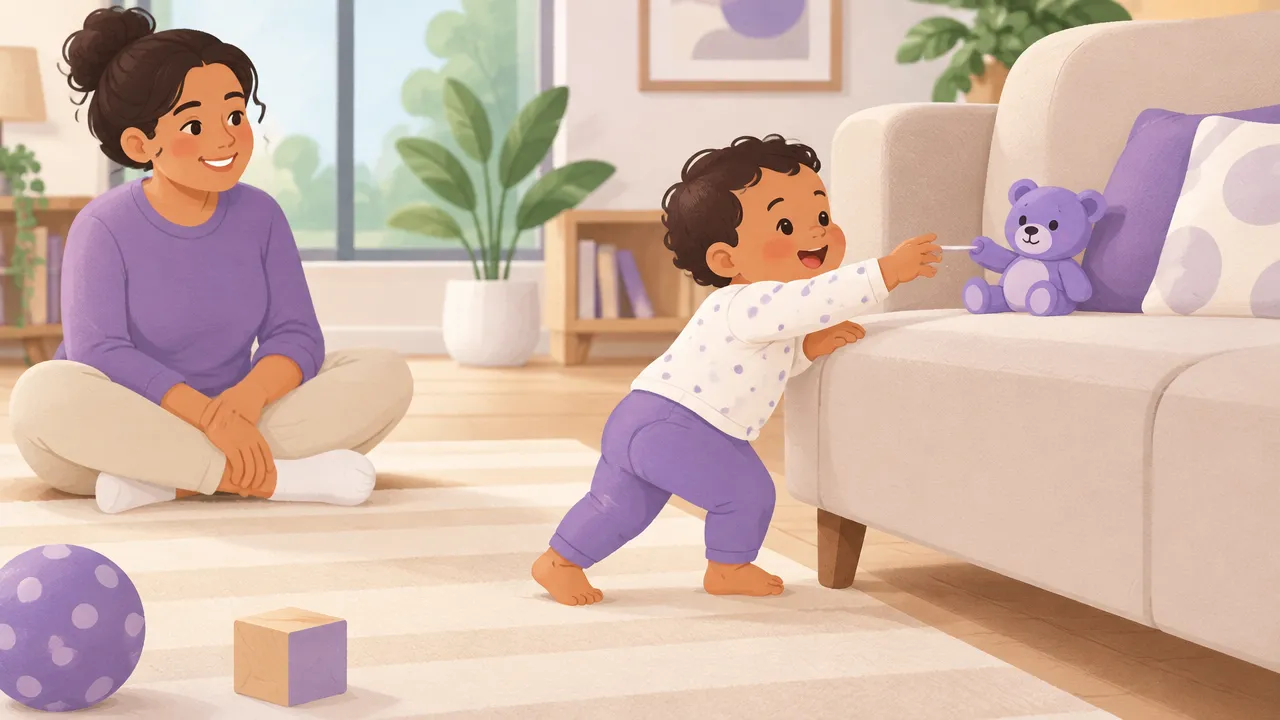 Bebê explora o chão e alcança um brinquedo em apoio firme enquanto o cuidador supervisiona
