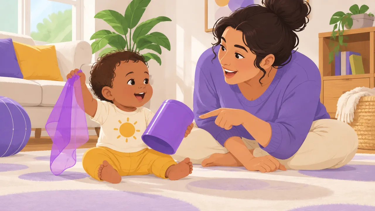 Bebê explora objetos grandes e seguros no tapete enquanto o adulto conversa e acompanha a brincadeira.
