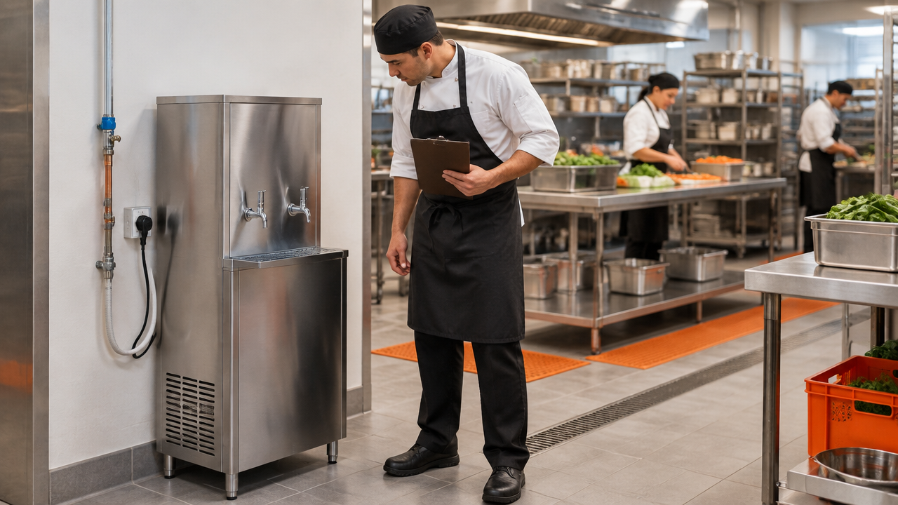 Bebedouro industrial instalado com espaço de circulação e conexões acessíveis em cozinha profissional