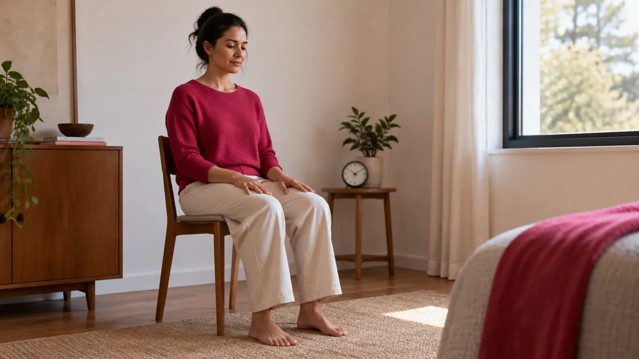 Beginner practicing a short seated meditation at home with feet grounded and a timer nearby