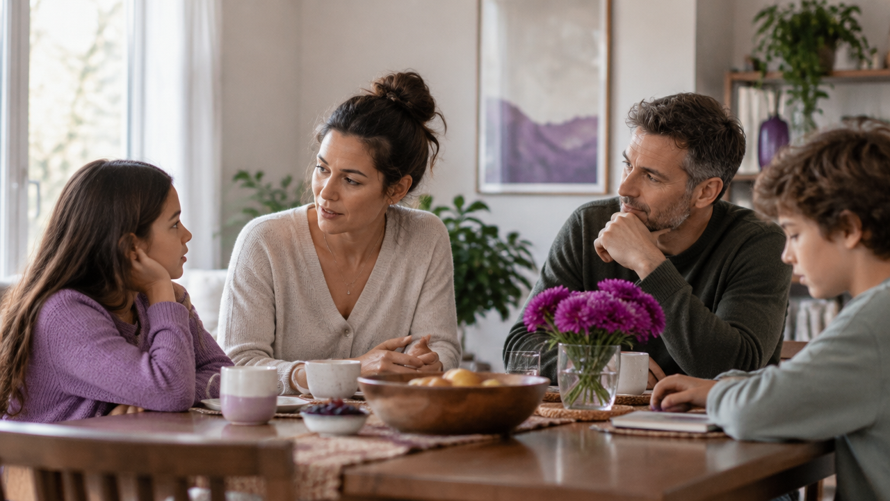 Blended family members listening to one another around a dining table