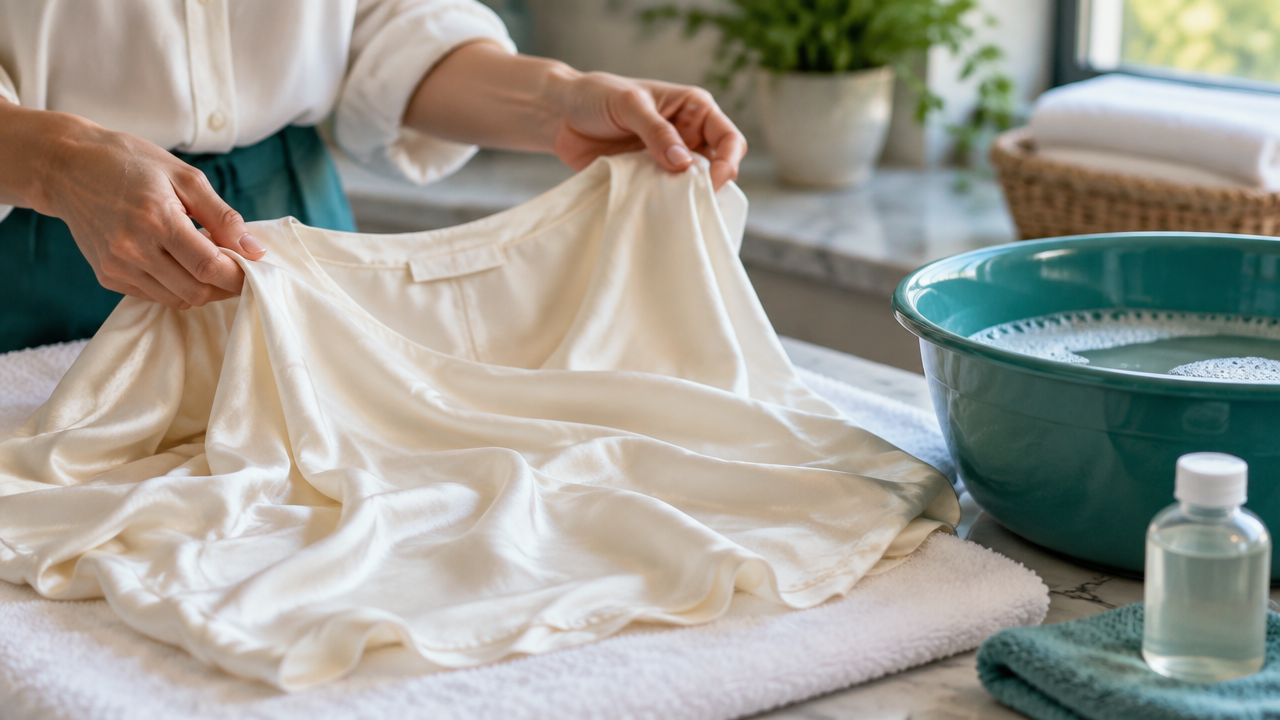 Blusa de seda sendo manuseada com delicadeza junto a uma bacia e uma toalha limpa