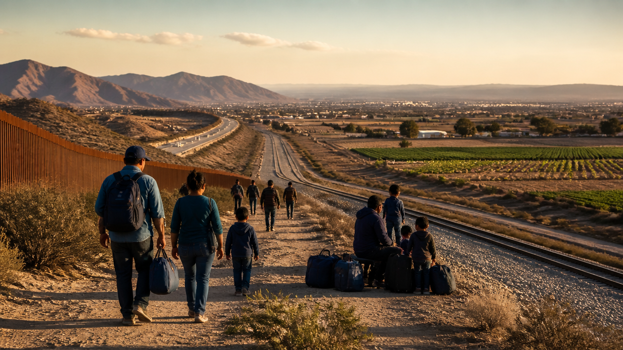 Border region landscape with transport routes and travelers, illustrating the history of migration between Mexico and the United States