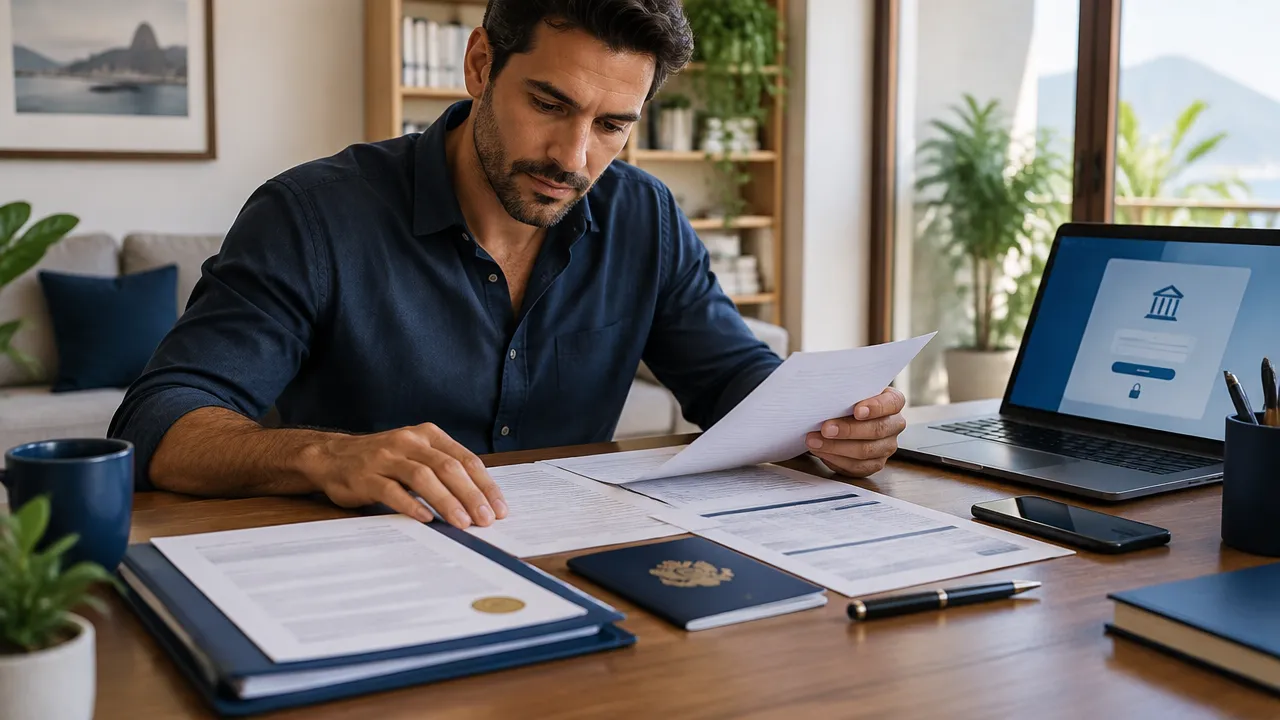 Brazilian homebuyer organizing translated mortgage documents and bank records
