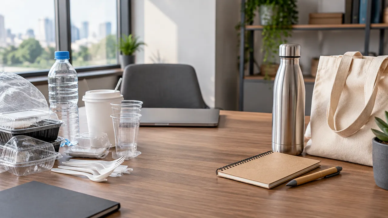 Brindes corporativos convencionais e sustentáveis dispostos lado a lado sobre uma mesa de escritório