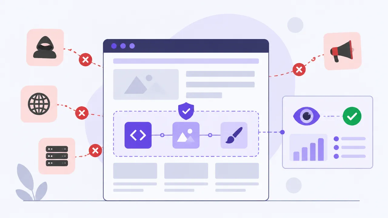 Browser content sources grouped inside an allowed boundary while untrusted resources remain blocked during policy testing