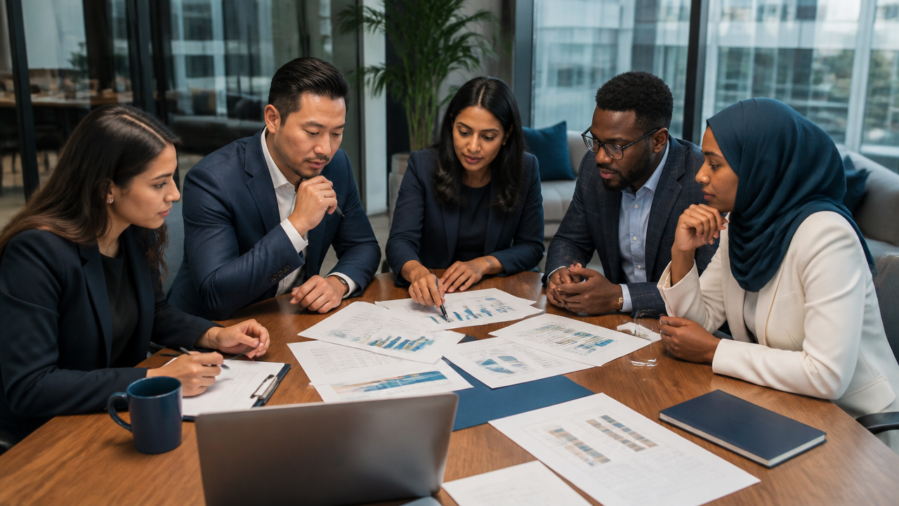 Business consultants and founders reviewing an immigration business plan in a modern office