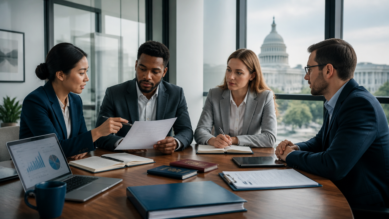 Business professionals reviewing U.S. immigration documents in a modern office meeting