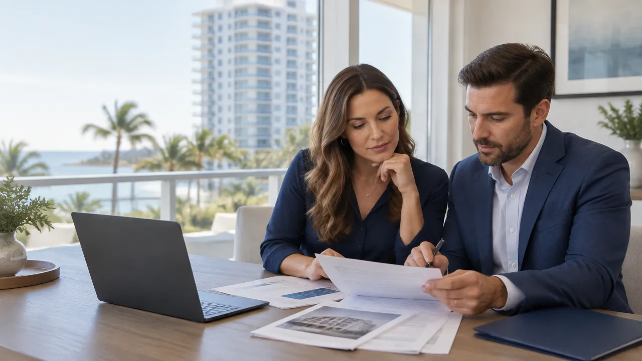 Buyer and mortgage professional reviewing condo association records before a Florida condo purchase