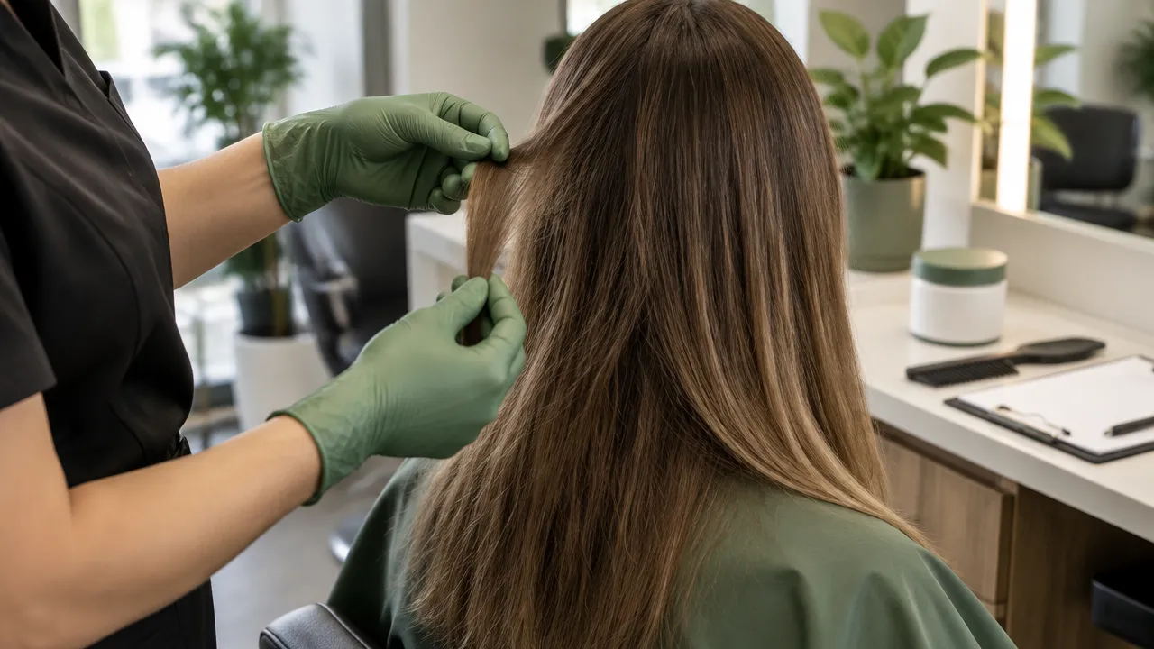 Cabeleireira avaliando uma mecha de cabelo em salão antes de realizar um procedimento químico