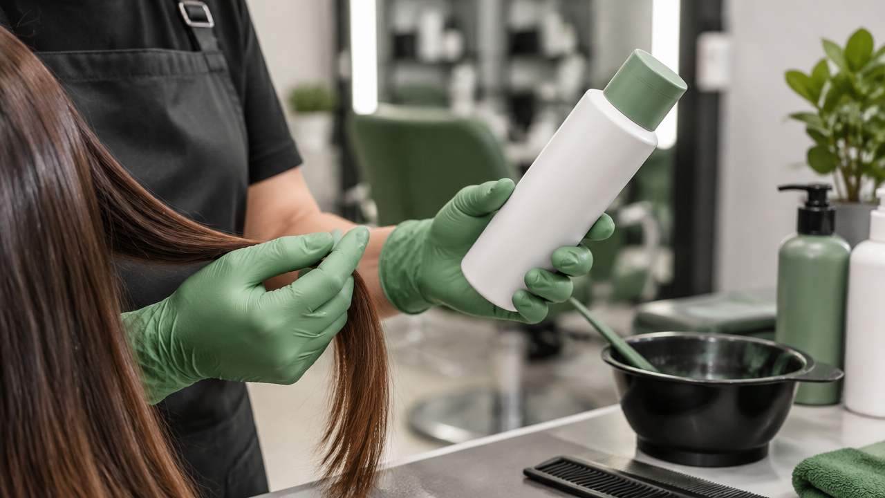 Cabeleireira avaliando uma mecha e um produto cosmético antes do procedimento de alisamento
