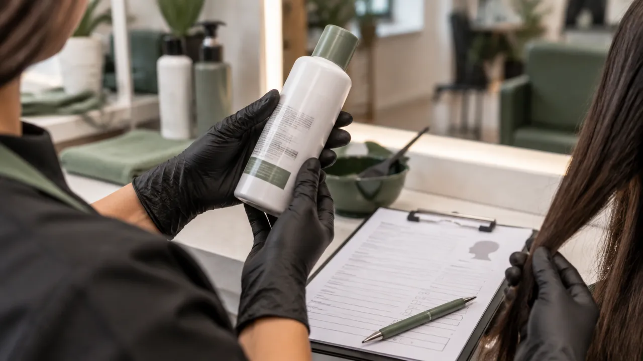 Cabeleireiro verifica o rótulo de um produto capilar e prepara ficha de avaliação antes do alisamento