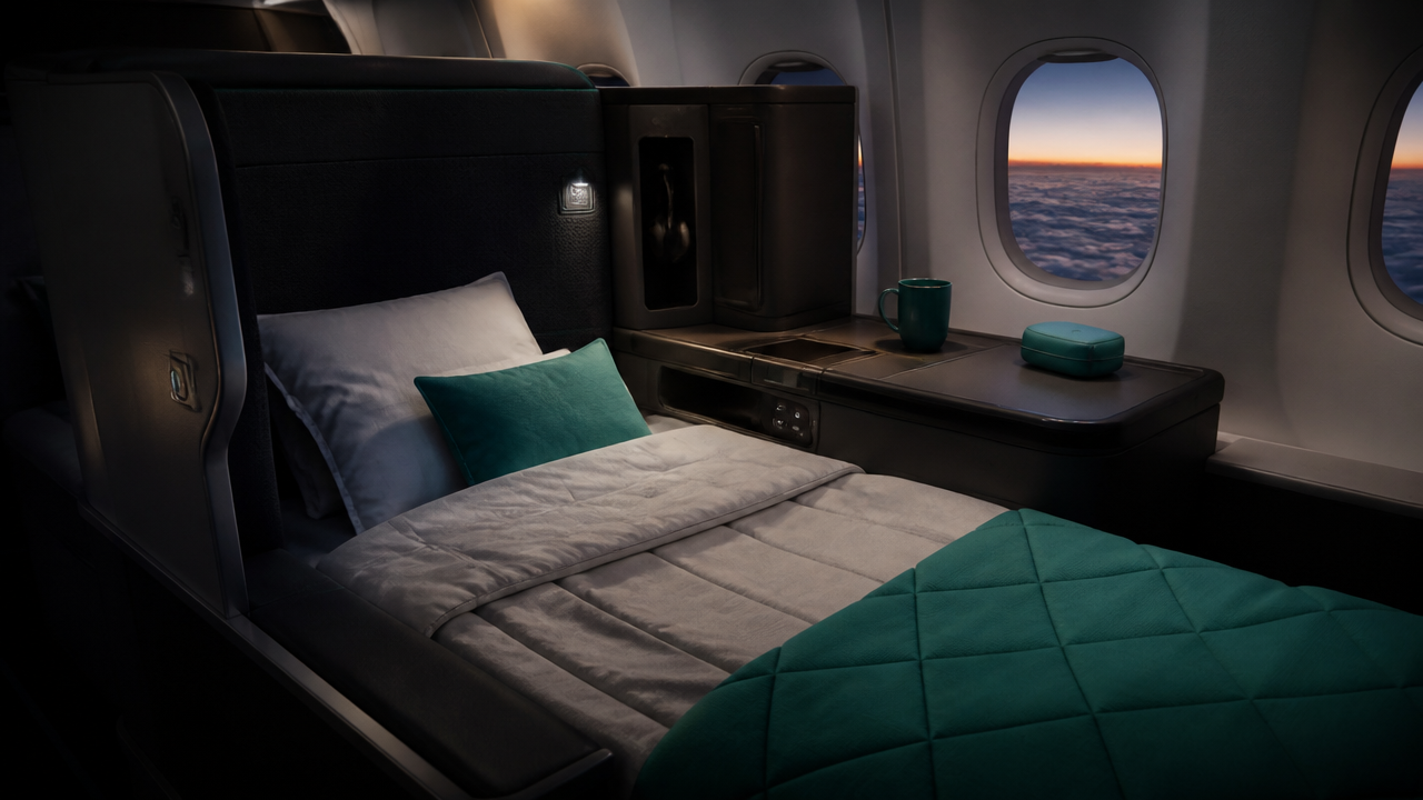 Cabine premium de avião com poltrona reclinável e atmosfera de conforto em voo longo