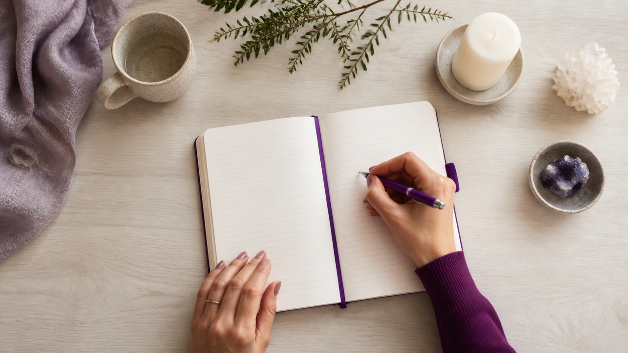 Caderno aberto com mãos escrevendo intenções e afirmações em uma rotina espiritual matinal