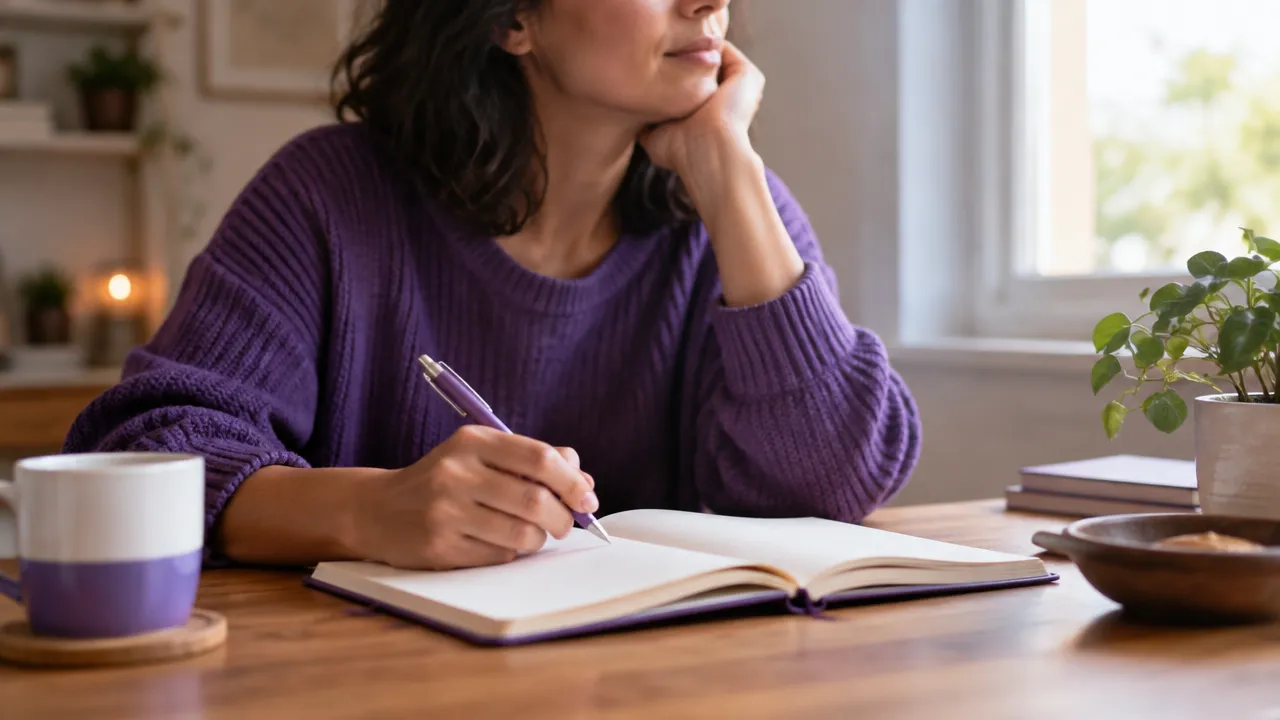 Caderno aberto e mãos em pausa durante um exercício de reflexão consciente sobre bem-estar