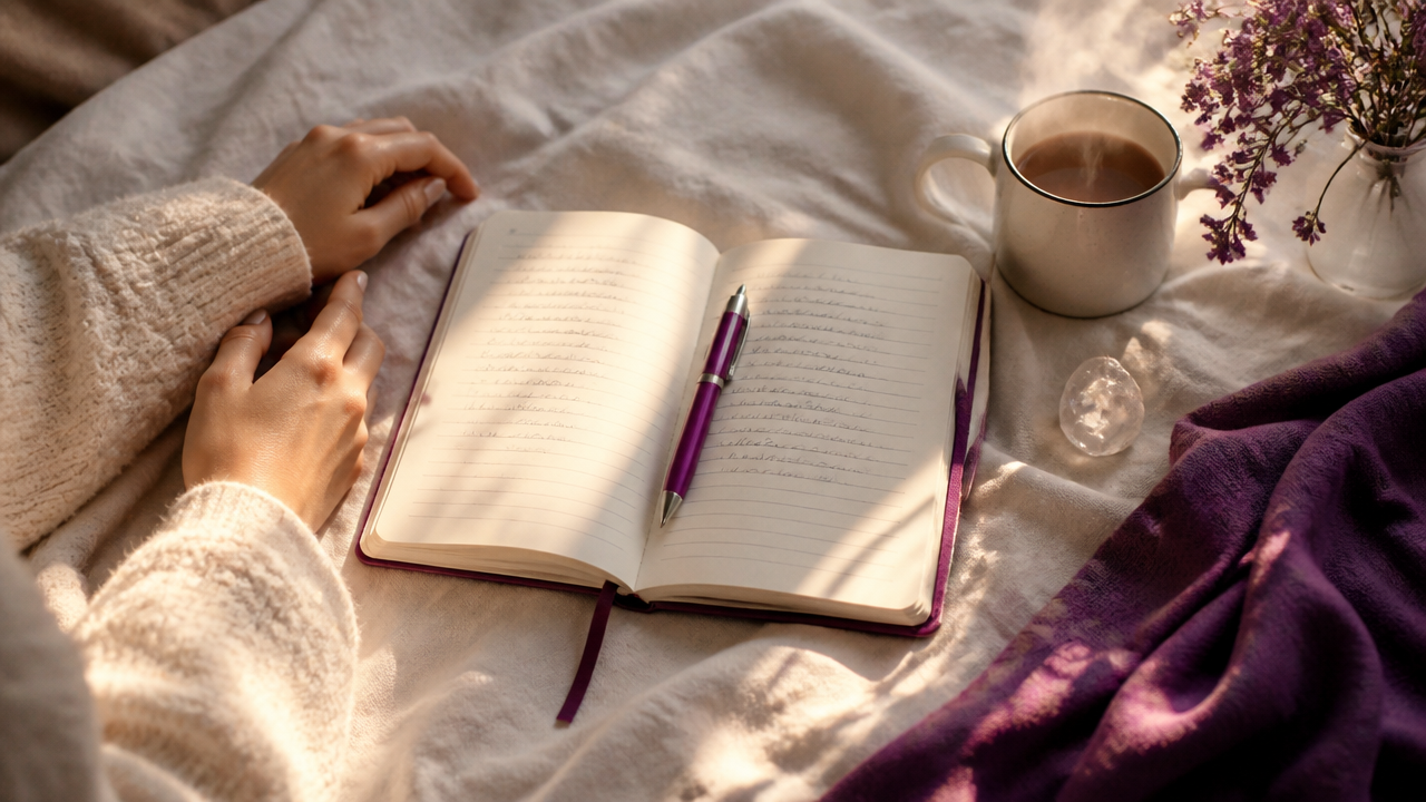 Caderno aberto sobre a cama para anotar detalhes de um sonho ao amanhecer, com clima de reflexão e acolhimento.