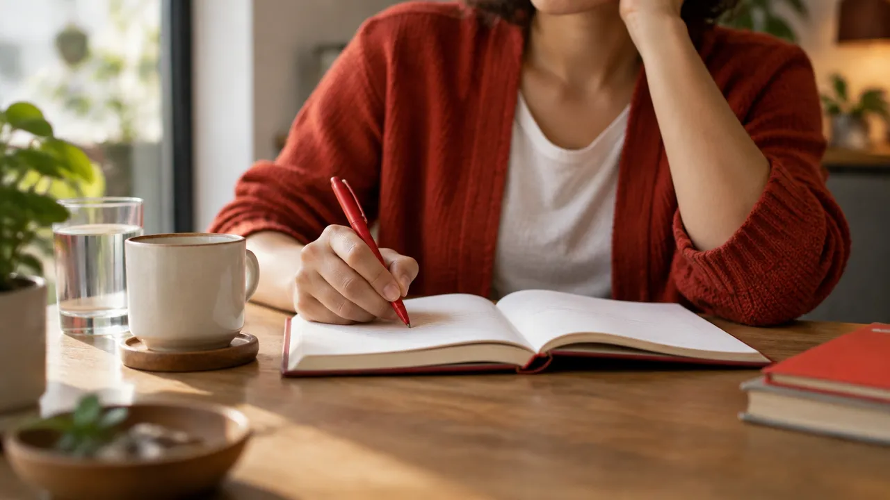 Caderno aberto sobre a mesa durante um exercício de observação das emoções