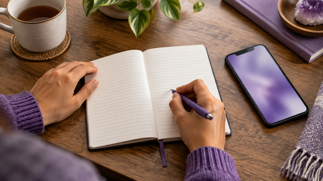 Caderno ao lado de um smartphone para registrar emoções e escolhas durante o uso digital