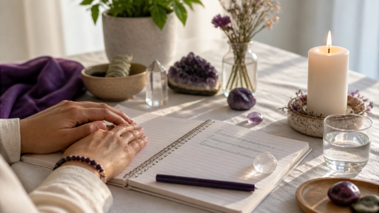 Caderno com afirmação, vela branca e cristal em um pequeno espaço de prática espiritual.