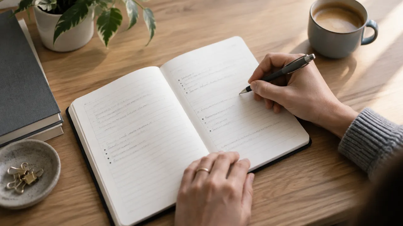 Caderno com anotações simples para observar situação, emoção e necessidade sem julgamento
