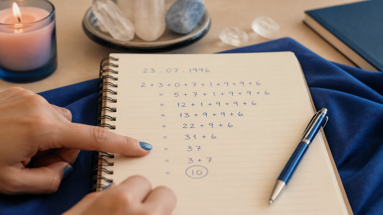 Caderno com cálculo do número de vida escrito passo a passo