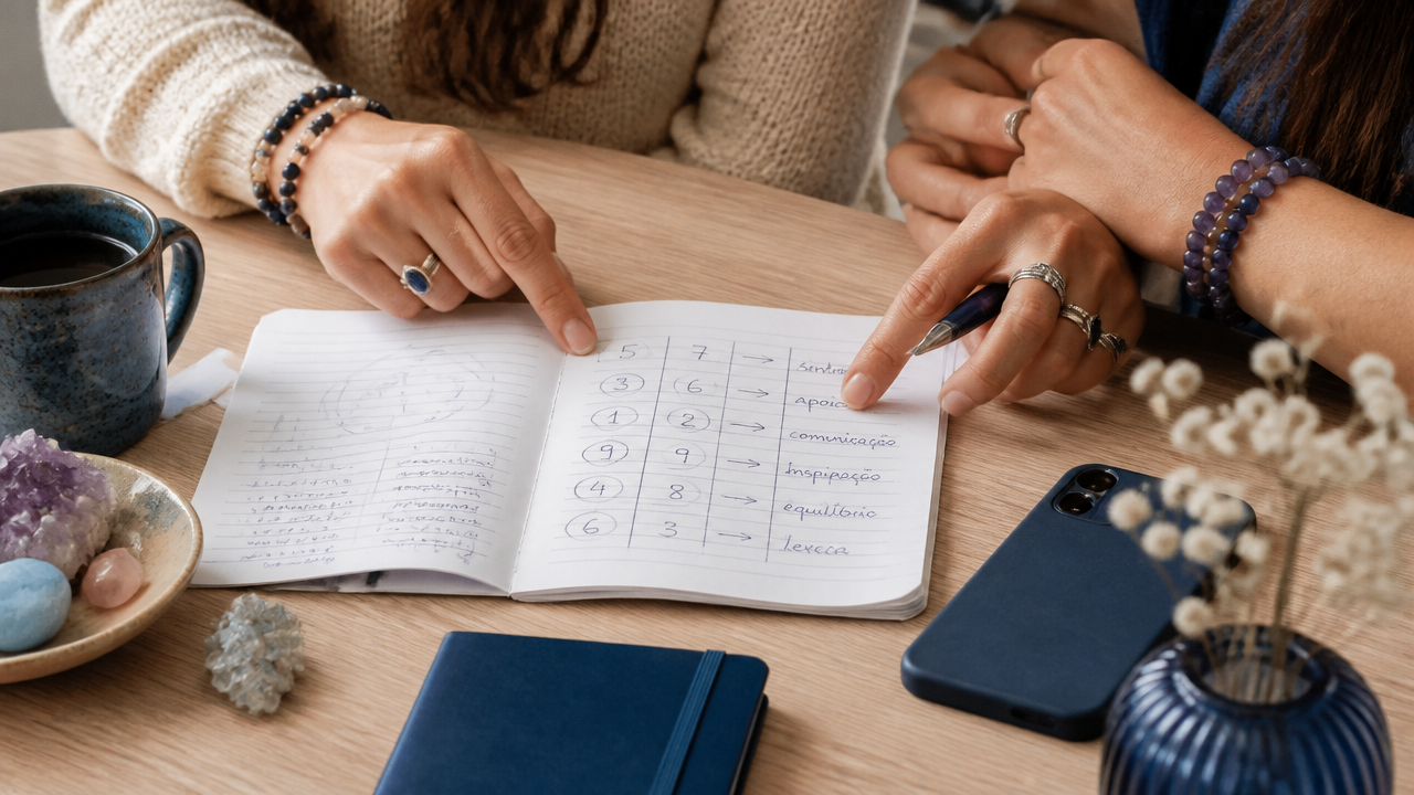 Caderno com cálculos numerológicos e mãos de amigas comparando afinidades em uma mesa iluminada.