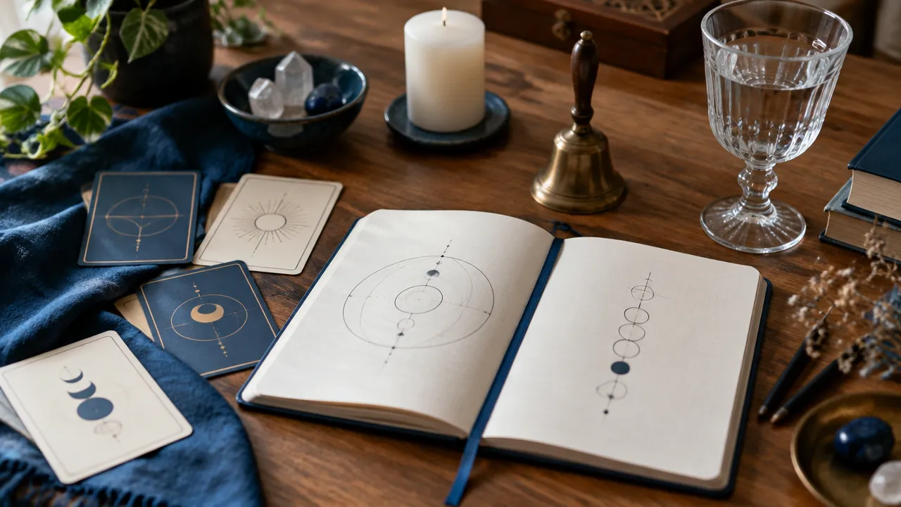 Caderno com diagramas simbólicos e objetos sobre uma mesa, representando a estrutura de um ritual cerimonial