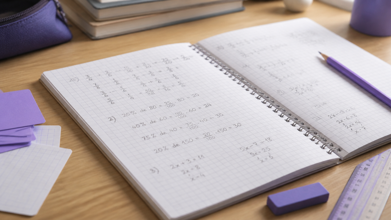 Caderno com exercícios de matemática básica, frações e porcentagem