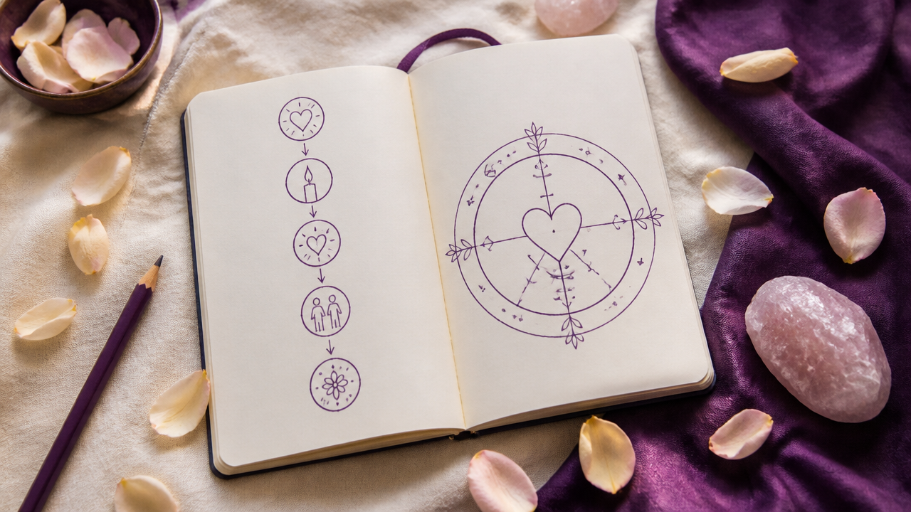 Caderno com intenção amorosa e sigilo desenhado à mão ao lado de cristal rosa