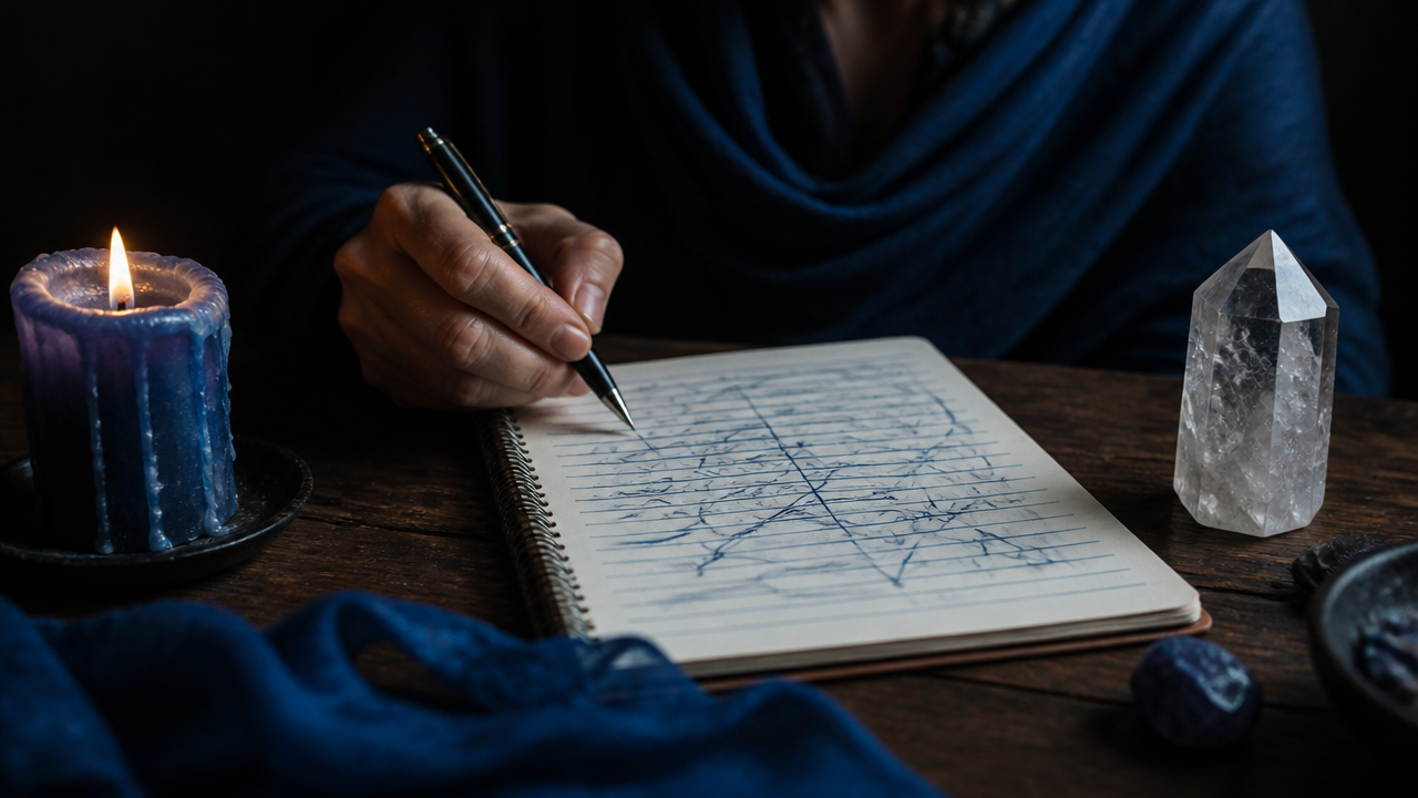 Caderno com intenções confusas durante ritual de lua nova