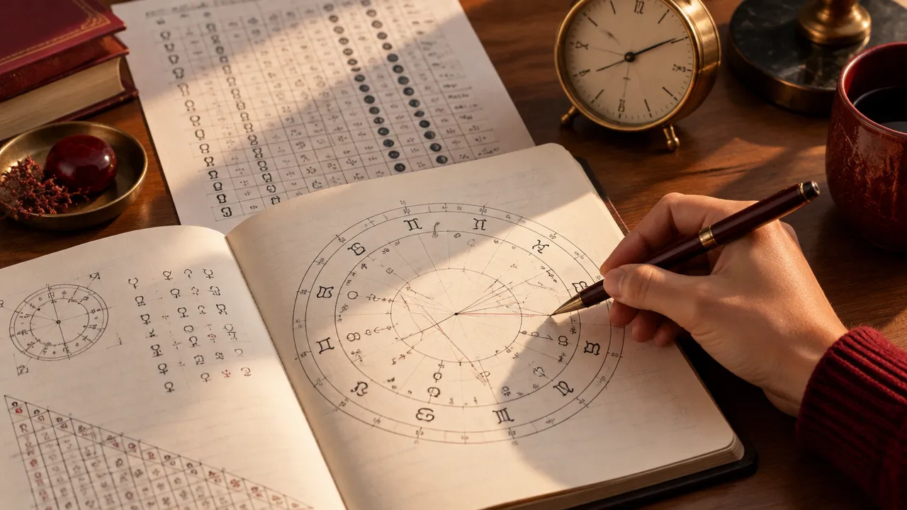 Caderno com mapa astral e anotações, ilustrando os fatores observados na escolha de uma data.
