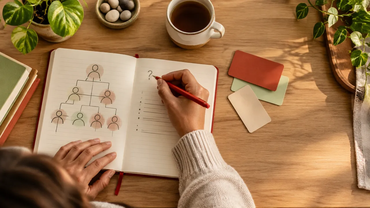 Caderno com mapa relacional simples sendo preenchido à mão para observar padrões familiares sem conclusões precipitadas