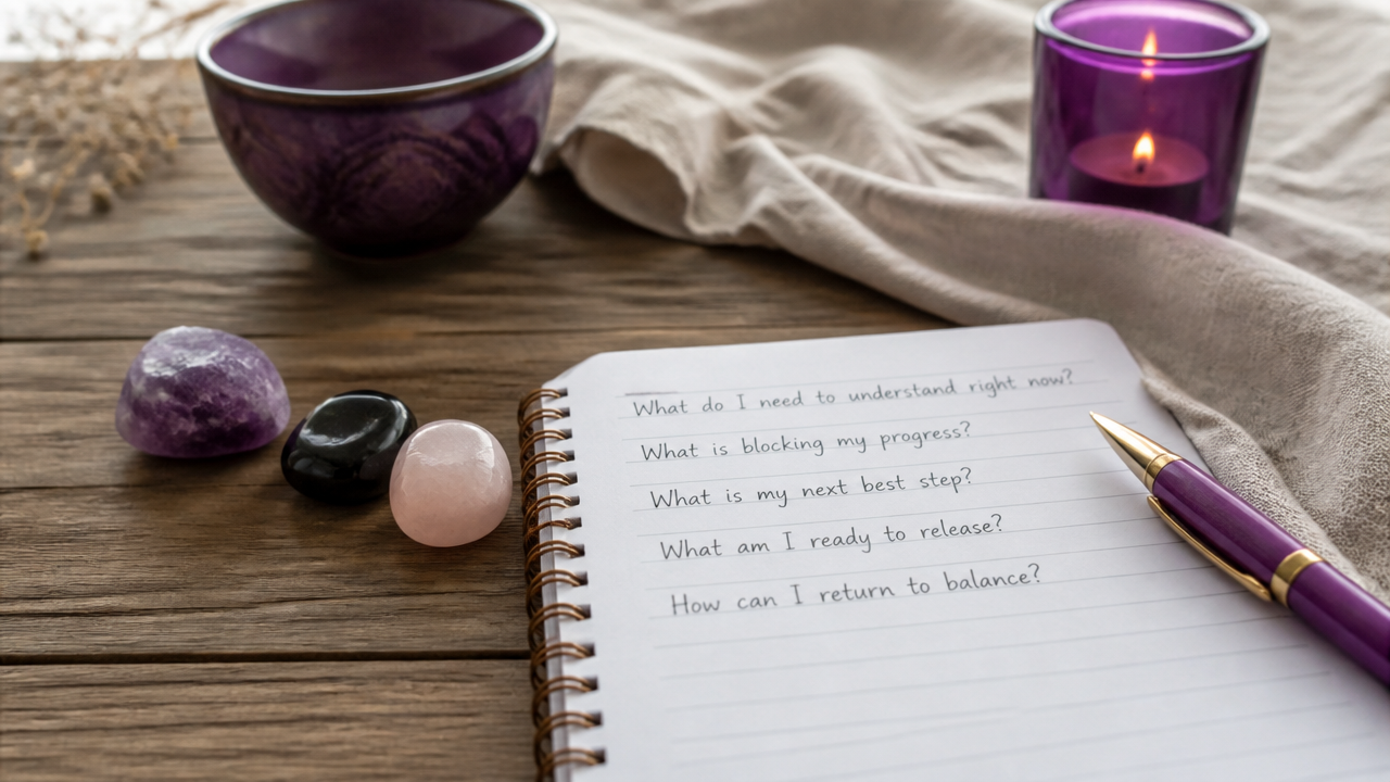 Caderno com perguntas escritas ao lado de pedras naturais usadas em leitura espiritual