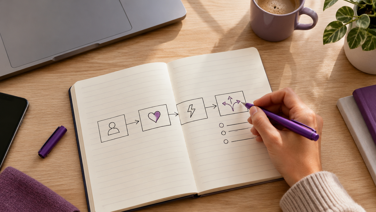 Caderno com um mapa visual de situação, emoção, impulso e escolha no trabalho
