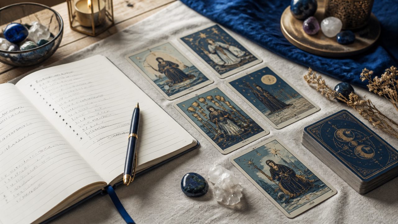 Caderno de anotações aberto ao lado de cartas de oráculo em uma mesa organizada