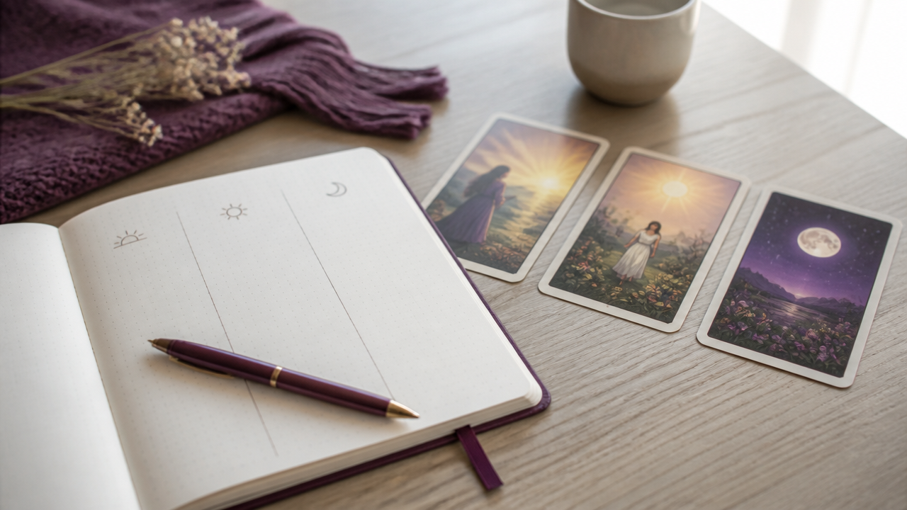 Caderno de anotações ao lado de cartas de tarô usado para registrar padrões emocionais.