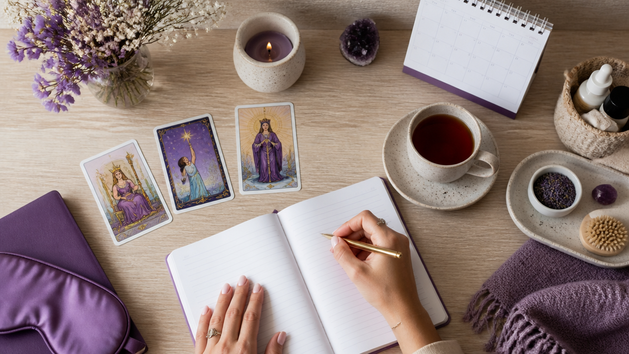 Caderno de anotações, cartas de tarot e itens de autocuidado sobre uma mesa clara