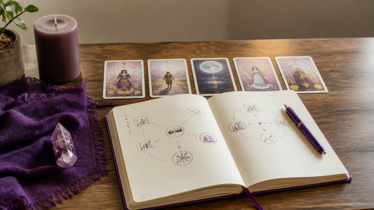 Caderno de anotações com cinco cartas de tarô organizadas para interpretar fases financeiras.