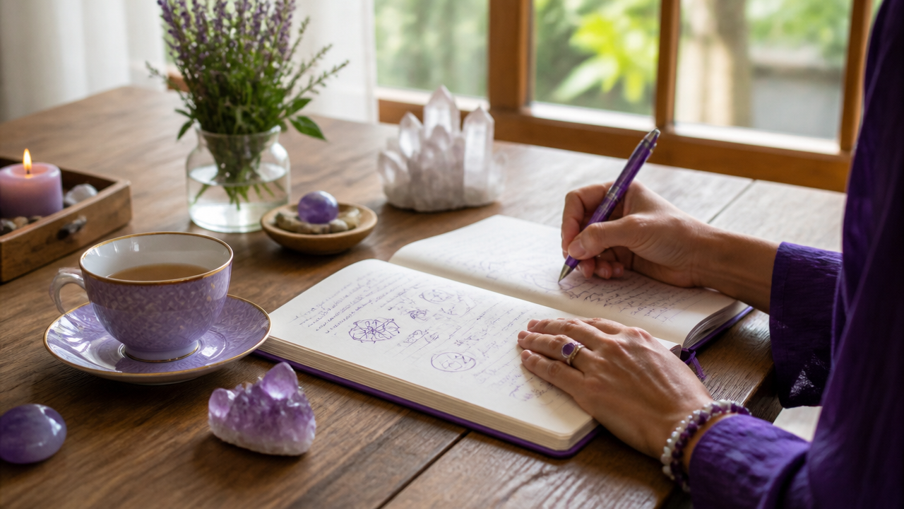 Caderno de anotações espirituais ao lado de cristal e chá, simbolizando observação de percepções intuitivas.