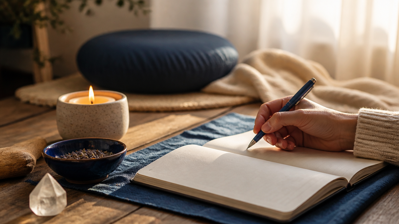 Caderno de anotações espirituais ao lado de vela, ervas e almofada de meditação em ambiente acolhedor