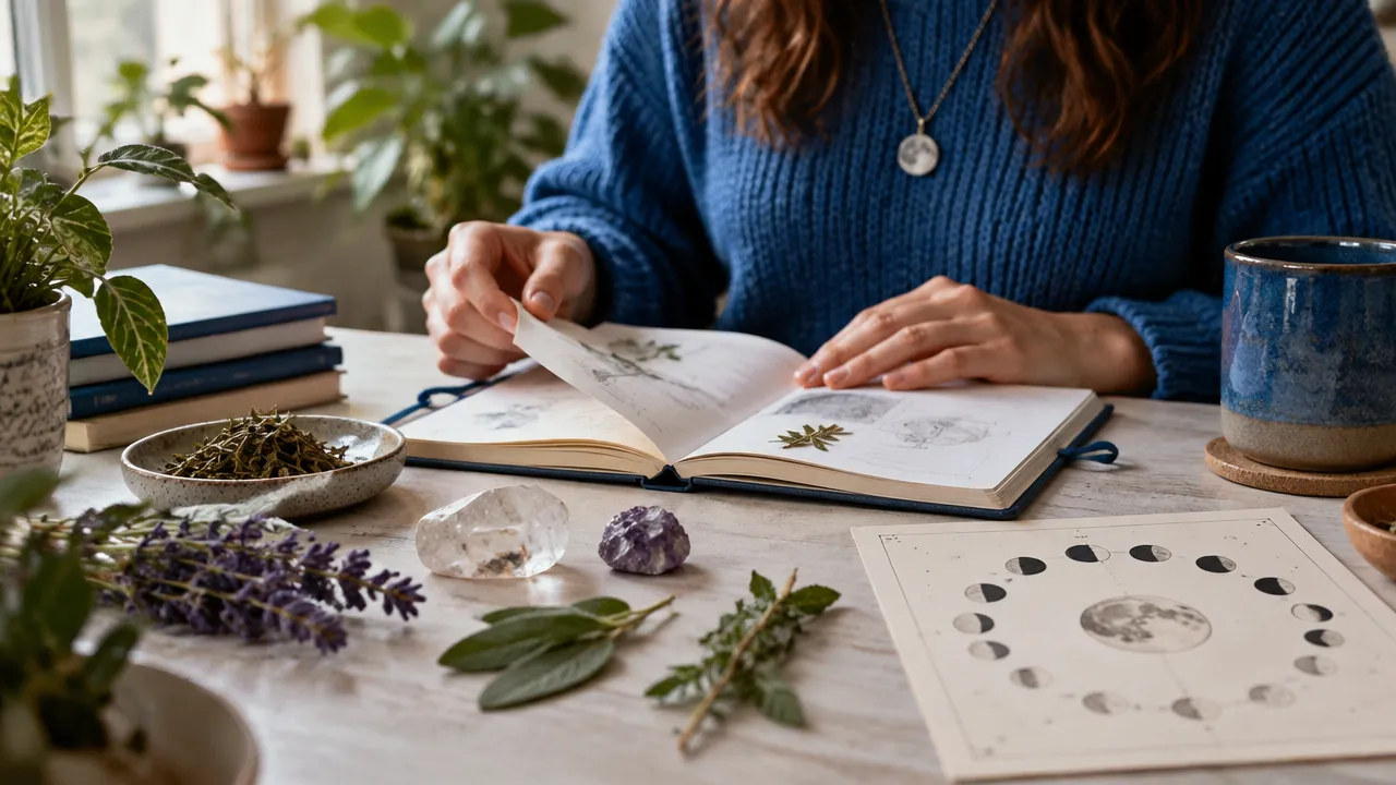 Caderno de estudo ao lado de ervas, cristal e calendário lunar em uma prática espiritual contemplativa