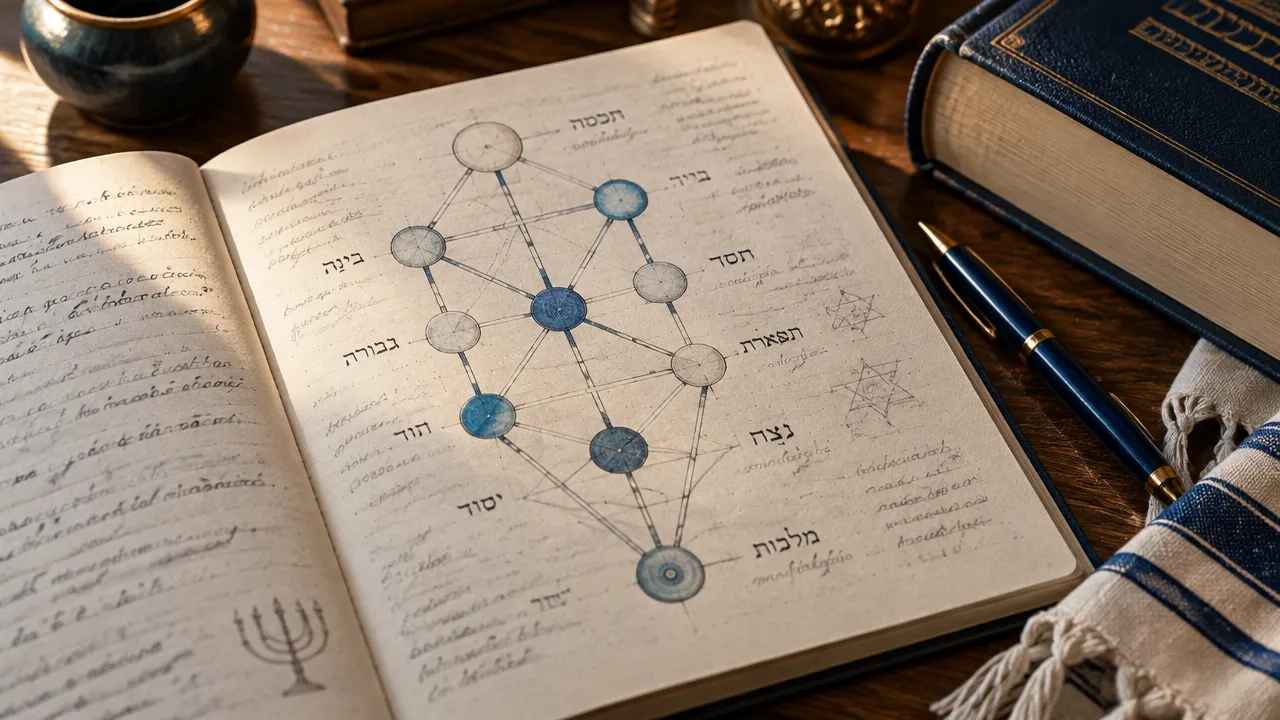 Caderno de estudo com desenho da Árvore da Vida e dez sefirot conectadas
