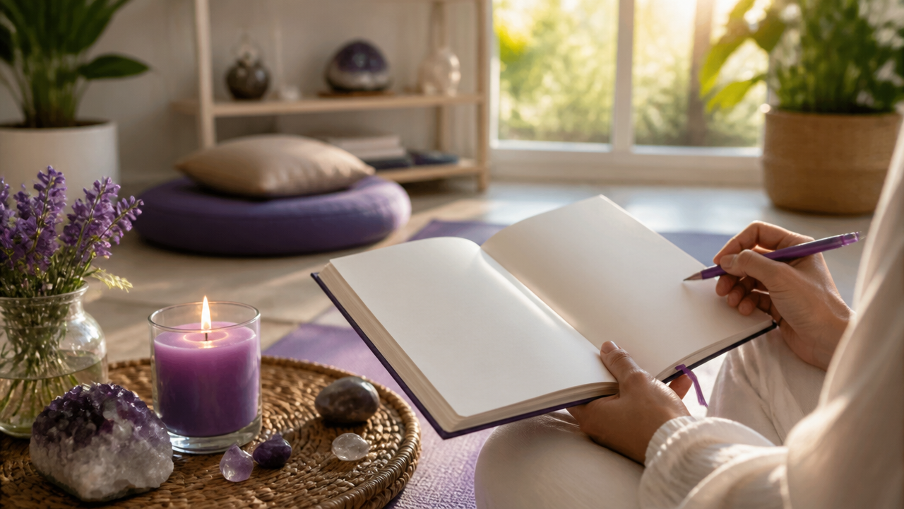 Caderno de oração, vela e cristais em um espaço tranquilo de meditação e conexão espiritual
