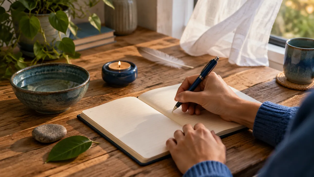 Caderno de reflexão cercado por objetos que simbolizam os quatro elementos