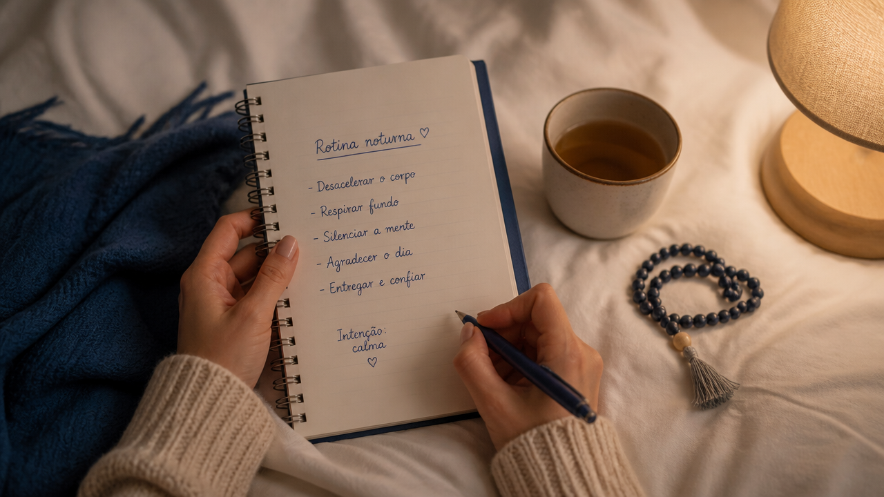 Caderno de rotina noturna com práticas de relaxamento ao lado de chá e objetos de meditação