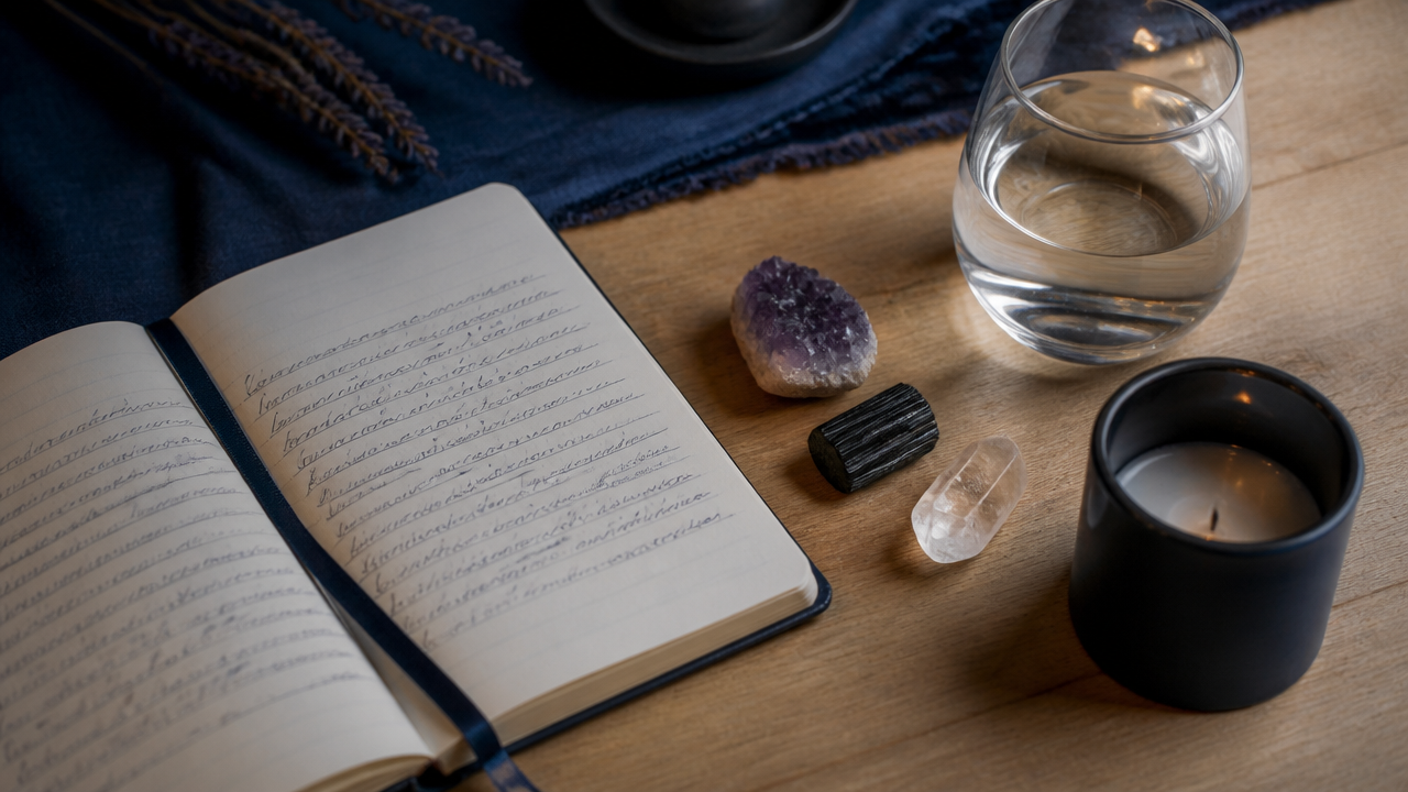 Caderno de sonhos aberto ao lado de pedras de proteção usadas em um ritual noturno.