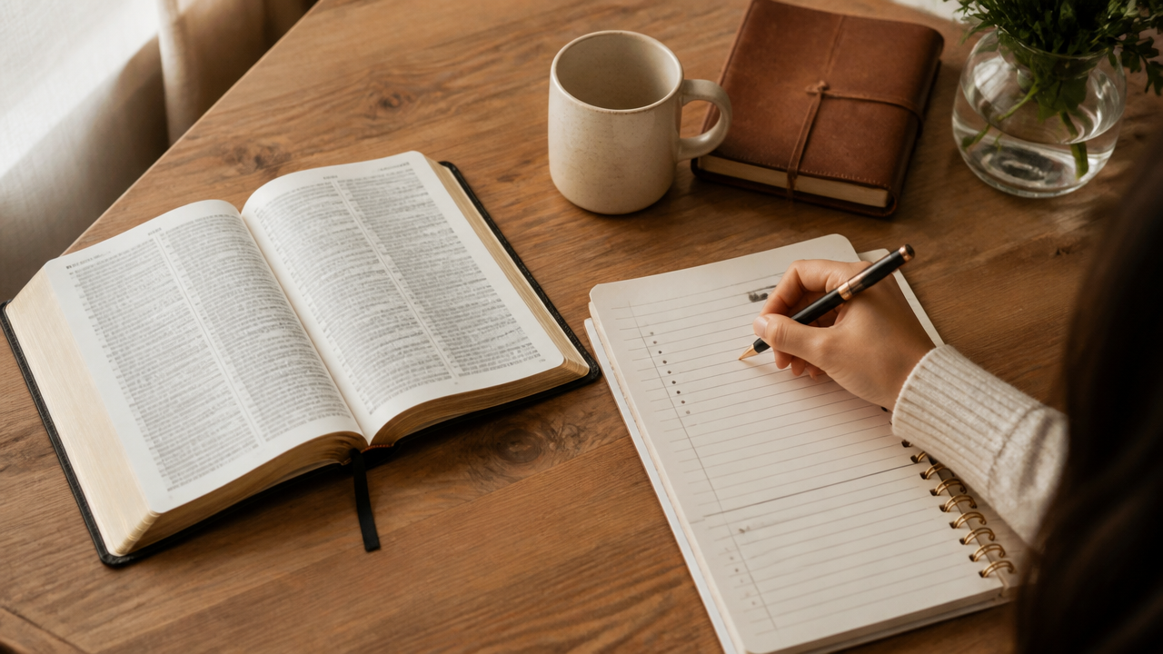 Caderno devocional com pedidos de oração e promessas bíblicas ao lado da Bíblia aberta