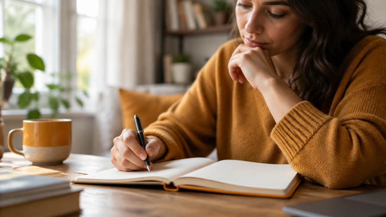 Caderno e caneta durante uma pausa de reflexão para identificar emoção, necessidade e ação possível