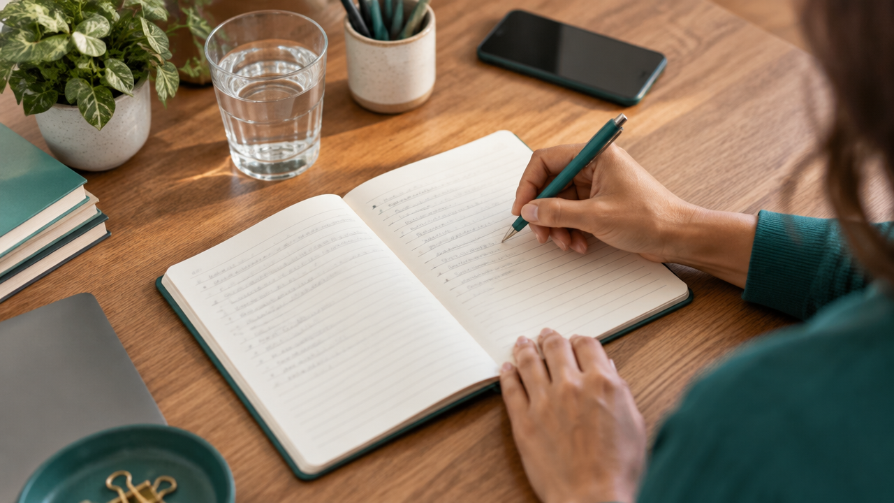 Caderno e caneta sobre a mesa durante a revisão consciente de uma decisão